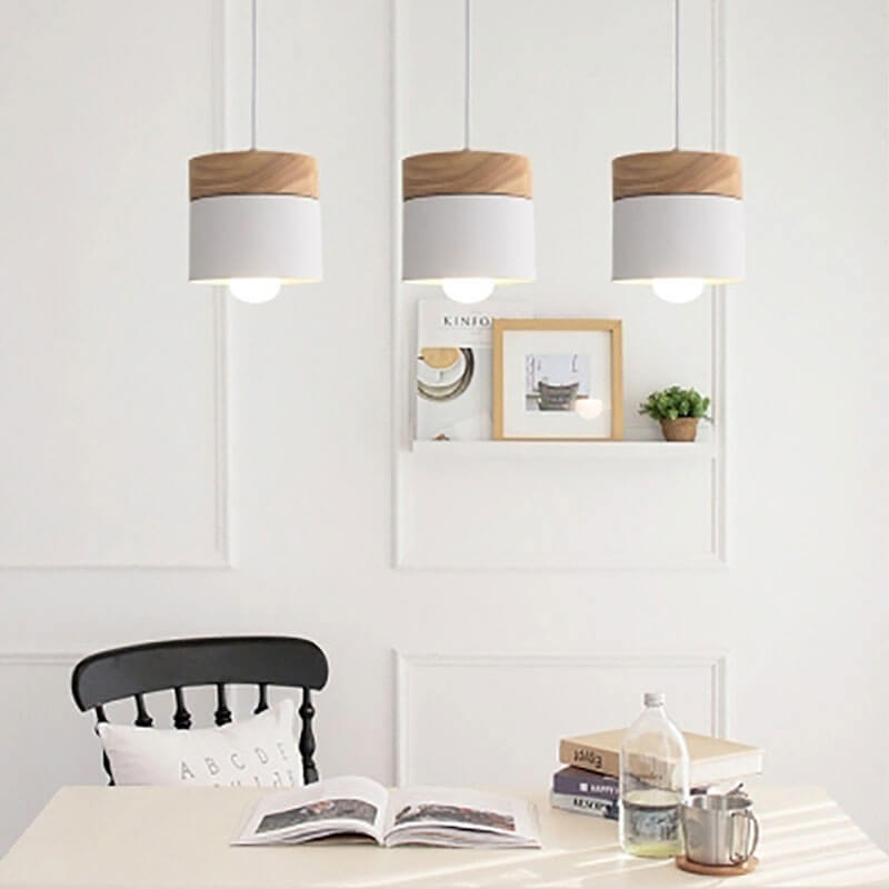 Wood and colored metal chandelier Nordic style