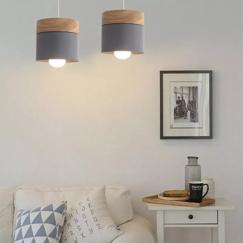 Wood and colored metal chandelier Nordic style