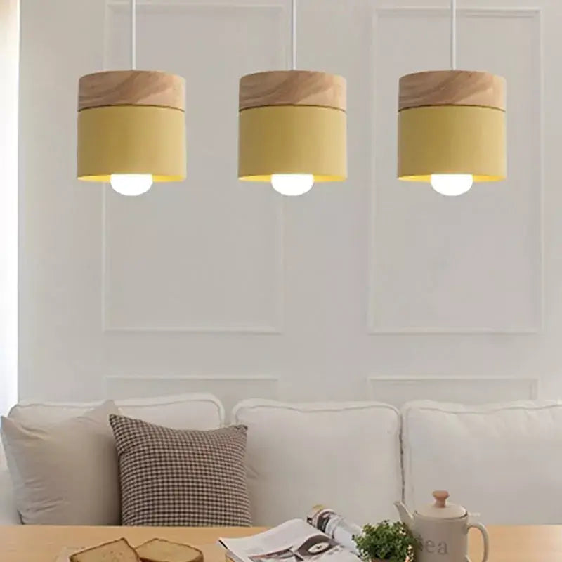 Wood and colored metal chandelier Nordic style