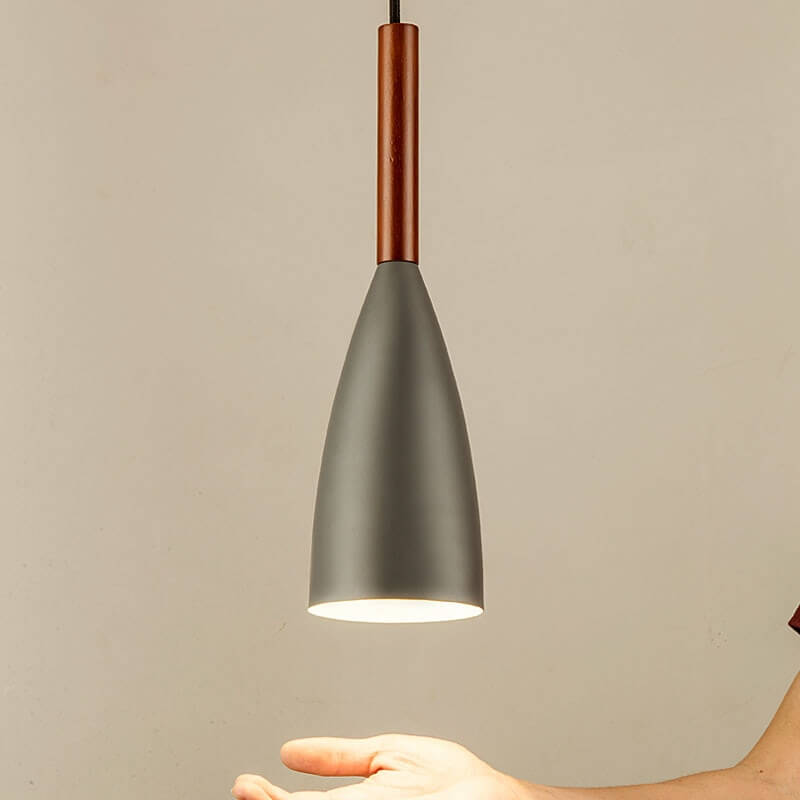 Hanging lamp in wood and aluminum in a modern Nordic bottle design