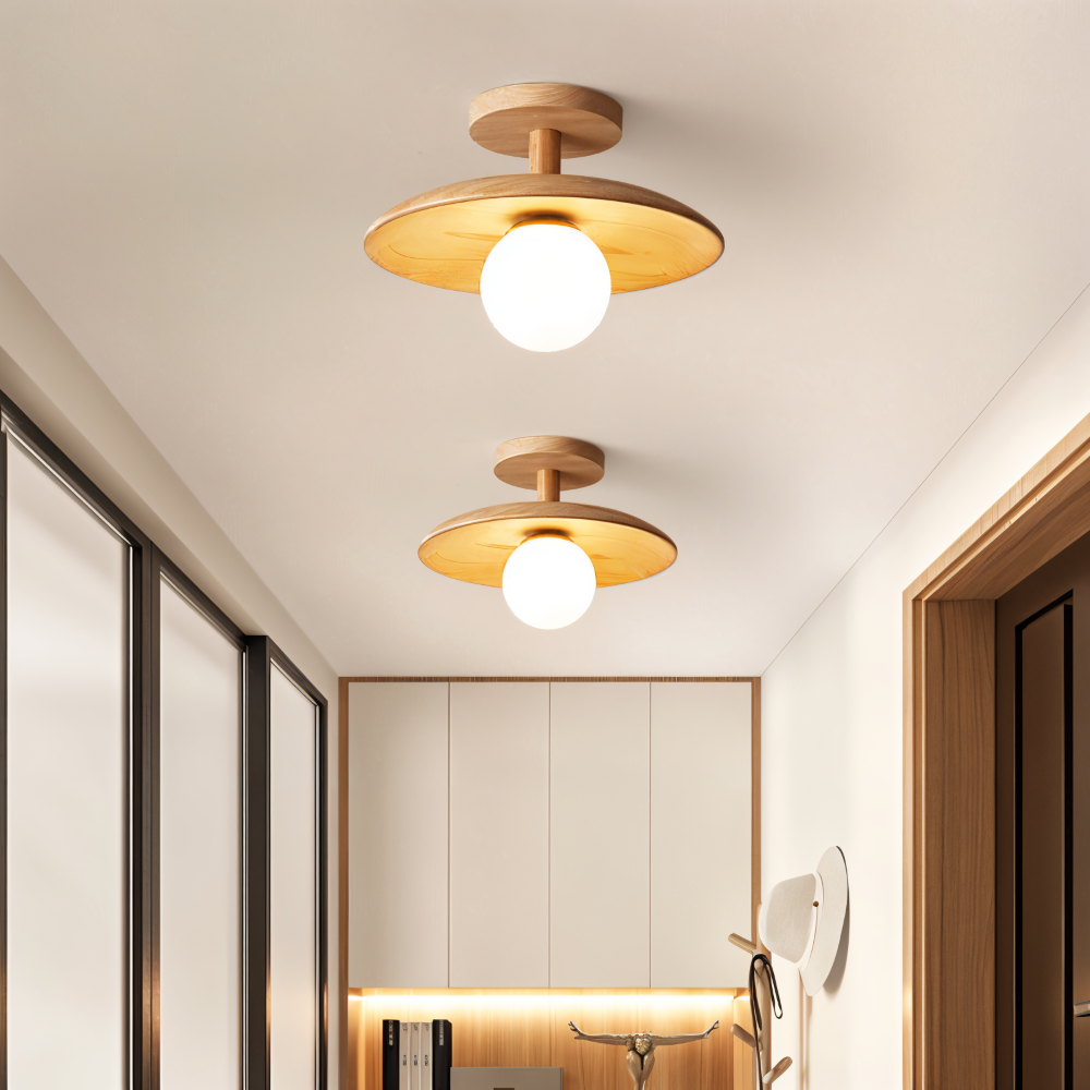 CentraOrb Trä Taklampa - Halvinfälld Lampa med Inbyggd LED Belysning