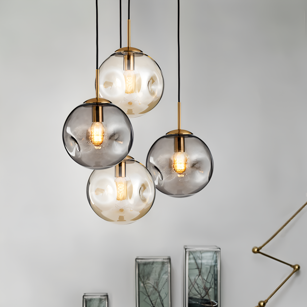 ChroDent Pendellampa - Rund Champagne Grå Glas LED Pendellampa - Vintage Wabi Sabi Belysning