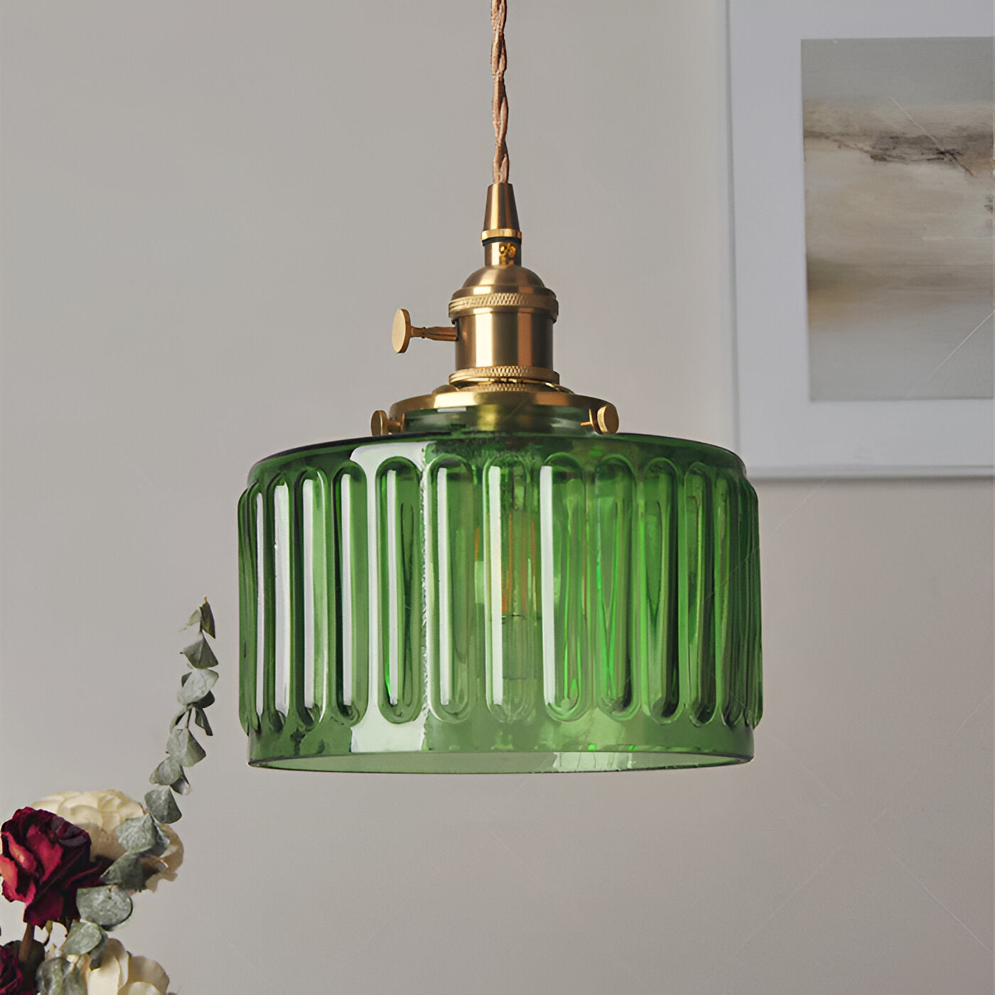 GlamourGlass Pendellampa - Vintage Grön Hänglampa - Cylindrisk Lampa