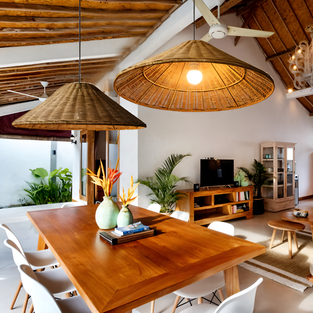 HatWicker Pendellampa - Hänglampa i brun-beige kon-rattan – nedåtriktat ljus