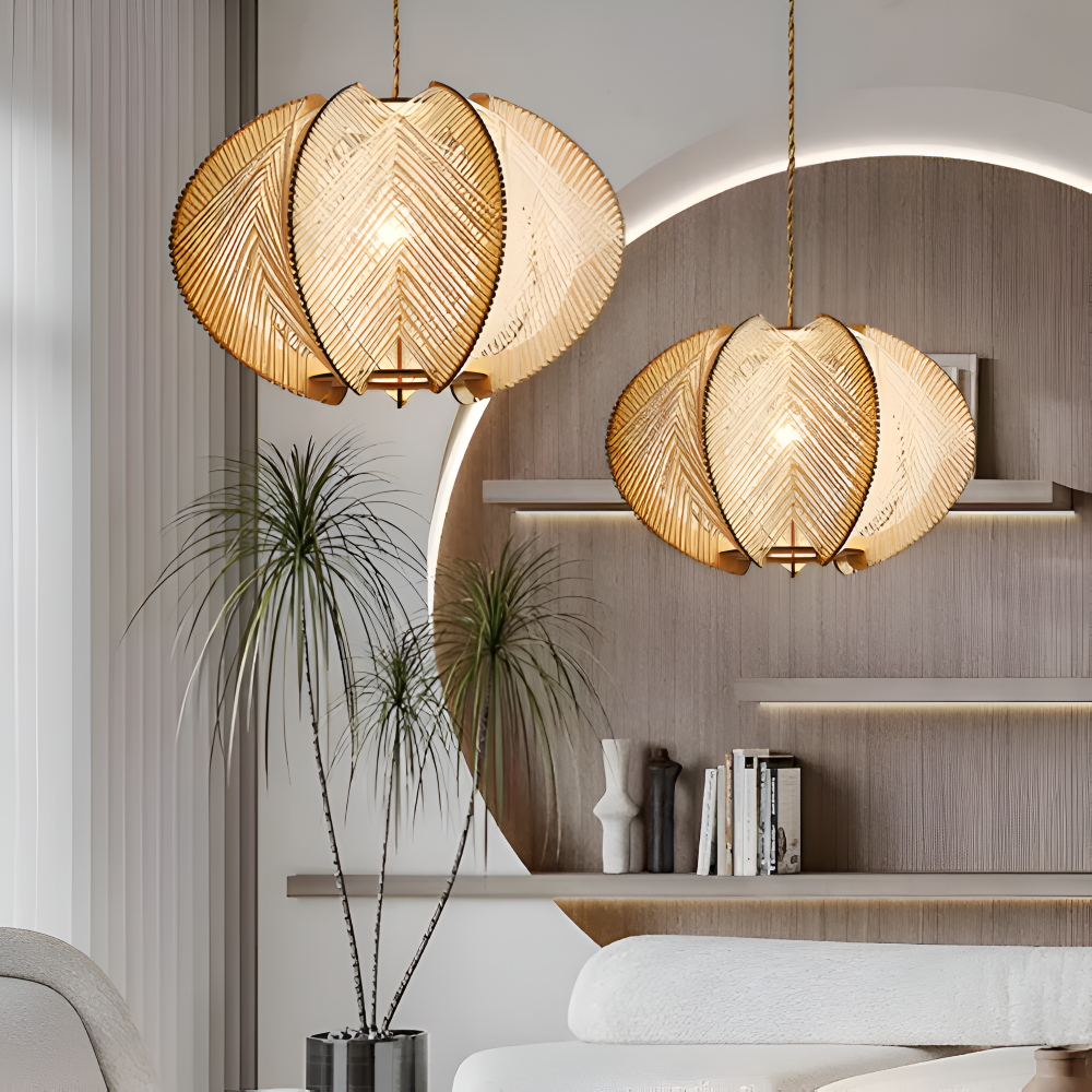 Kirei Pendellampa - Geometrisk Hänglampa av Hampasnöre och Trä - Wabi Sabi Belysning