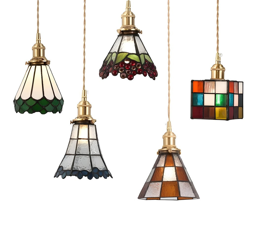 IllumaStyle Japansk Taklampa - Retro Geometrisk Hängande Lampa i Kopparglas