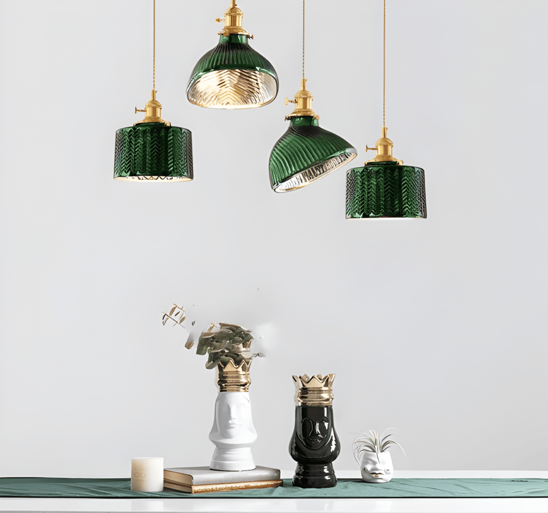 LuxurGreen - Pendellampa i Glas - Nordisk Räfflad Geometrisk Hänglampa