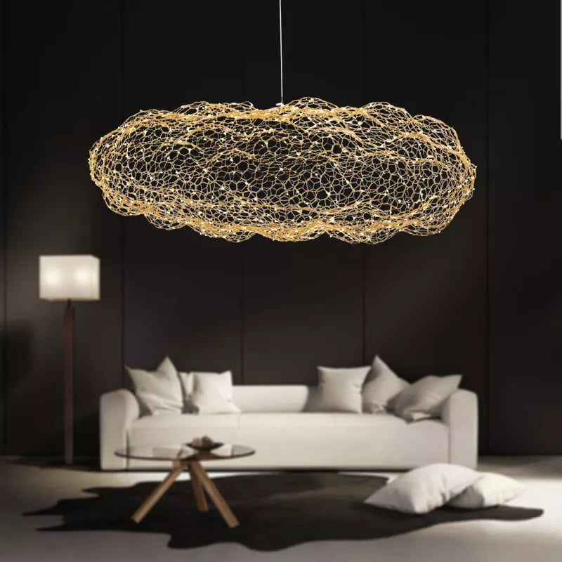 Cloud-shaped chandelier in gold or silver metal mesh